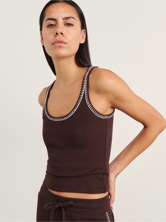 J. Crew Tops - J Crew Brown Ribbed Scoop Neck White Braided Neckline Tank Top Size Medium